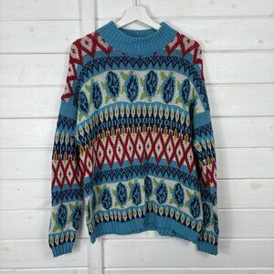 BENETTON Jumper Mens Size Medium Blue Red Wool Blend Fairisle
